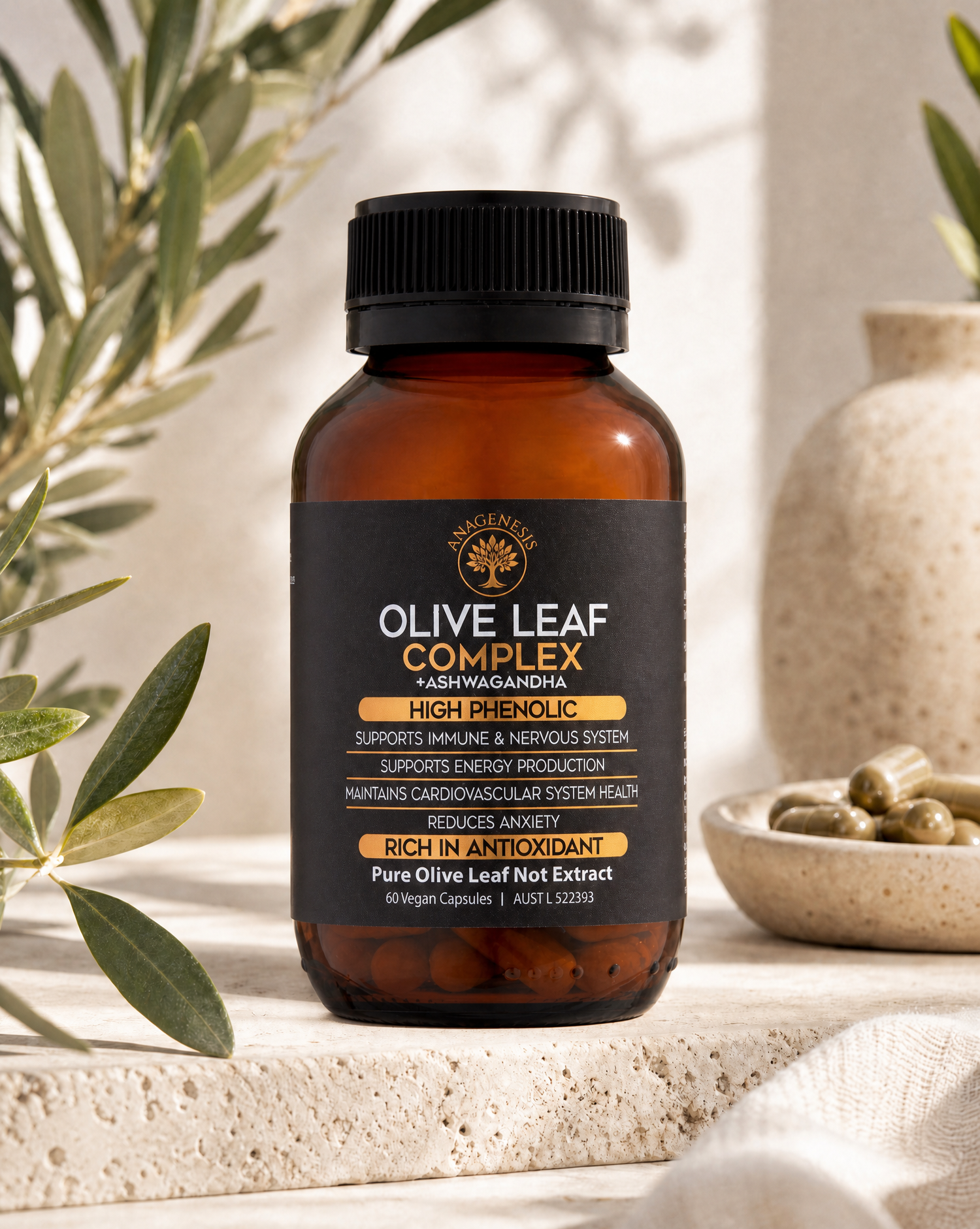Anagenesis Olive Leaf Complex + Ashwagandha. 60 capsules