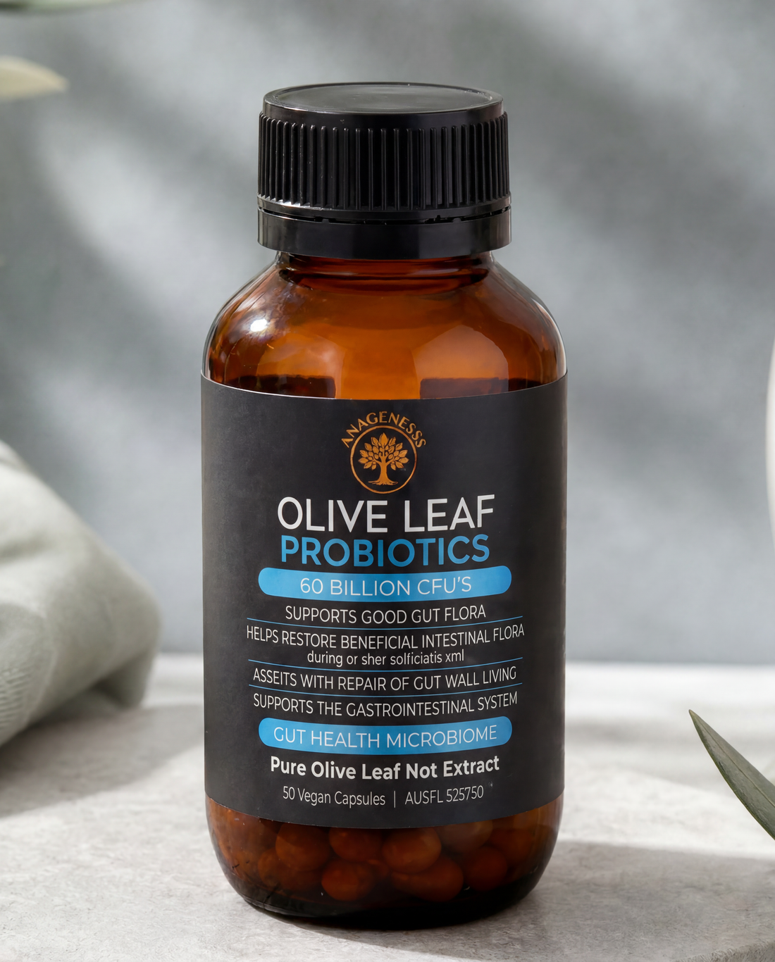 Anagenesis Olive Leaf + Probiotic Gut Health. 60 capsules